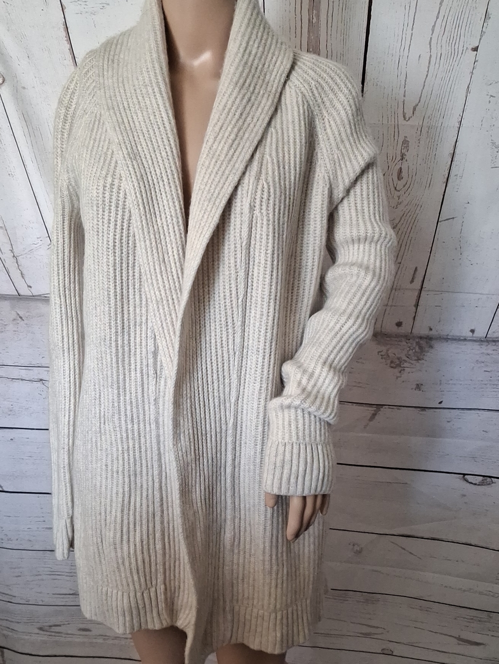 Ann Taylor Heathered Cream/Gray Ribbed Open-Front Cardigan 100% Cashmere Large